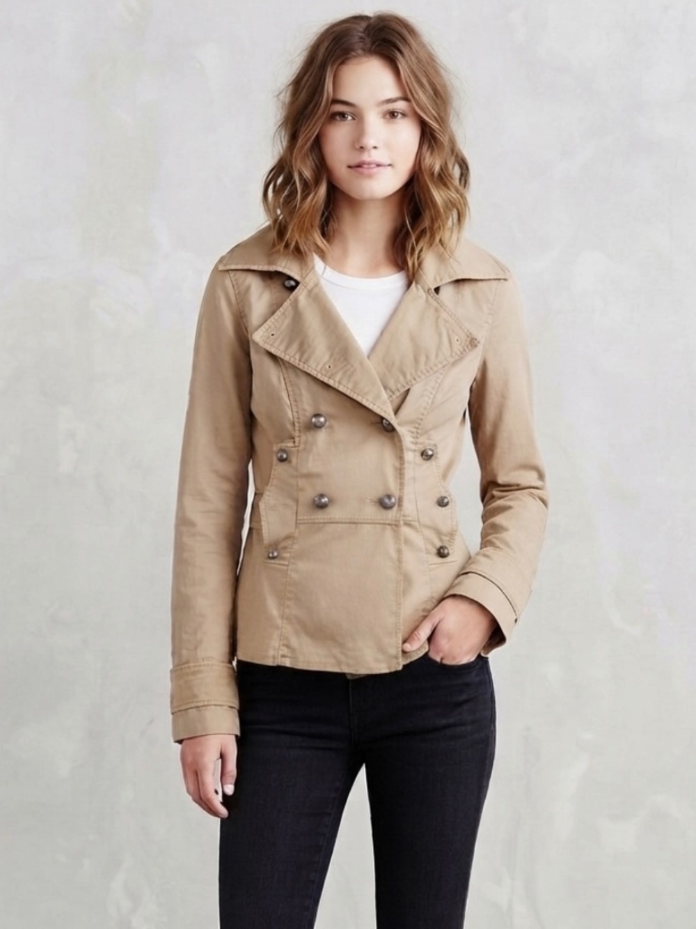 Anthropologie Twill 22 Twenty Two Khaki tan Double Breasted Jacket